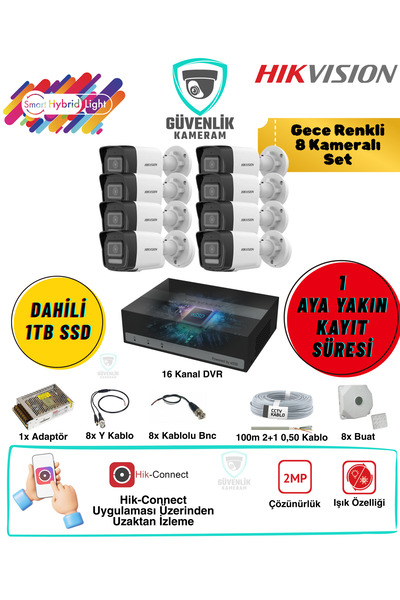 Hikvision Gece Renkli 8 Kameralı AHD Güvenlik Seti 2MP 1TB Dahili SSD 16 Kana...