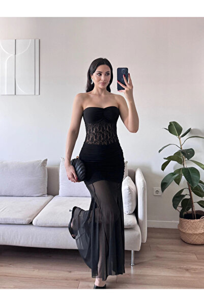 Zoom Butik Dantel Detay Straplez Elbise - SİYAH