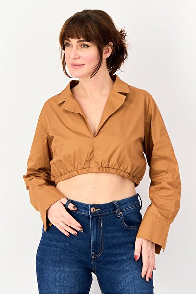 Public Desire x Kenza Women Curve Spread Collar Solid Shirt, Mocha