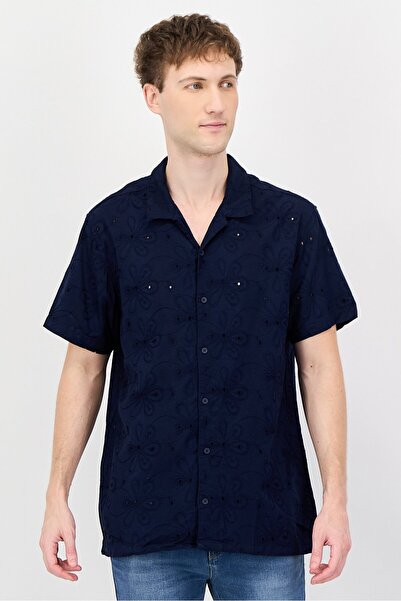 Threadbare Men Regular Fit Embroidered Short Sleeve Casual Shirt, Navy Blue