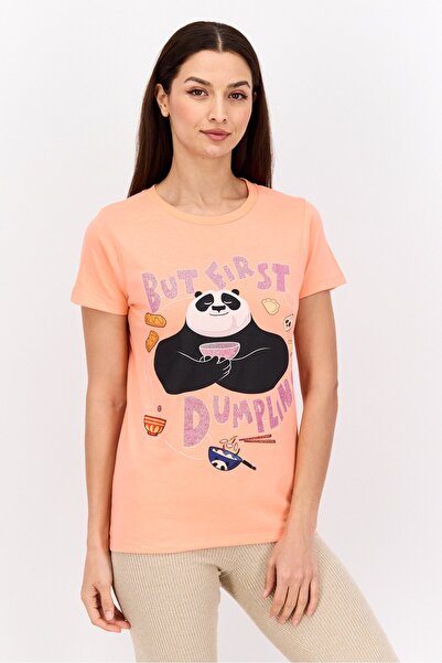 Kung-Fu Panda Women Round Neck Short Sleeves Panda Print T-Shirt, Orange