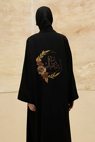 ViadelAtelier Ramazan Mübarek Yazılı Sırt Gold Boncuk Nakış İşlemeli Siyah Abaya
