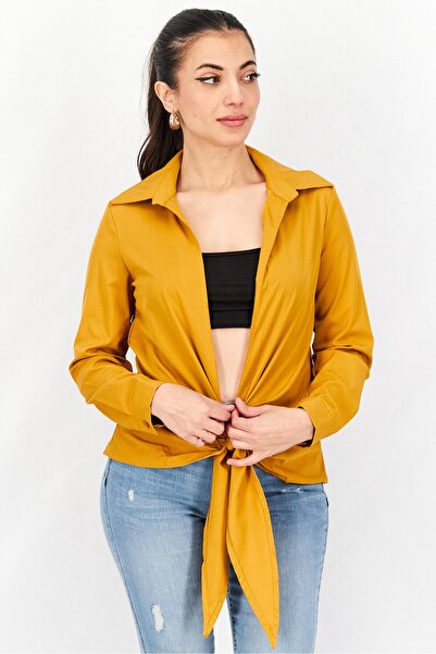 FEMME LUXE Women Split Neck Long Sleeve Plain Wrap Top, Mustard