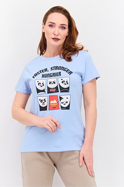 Kung-Fu Panda Women Round Neck Short Sleeves Panda Print T-Shirt, Sky Blue