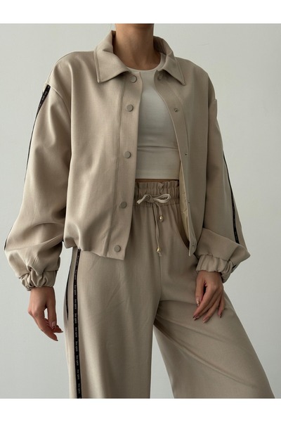 Quzu Double Striped Detail Ruched Jacket Stone