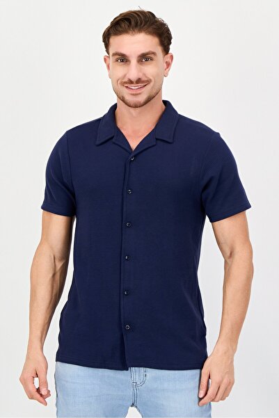 Threadbare Men Regular Fit Textured Short Sleeve Casual Shirt, Dark Navy