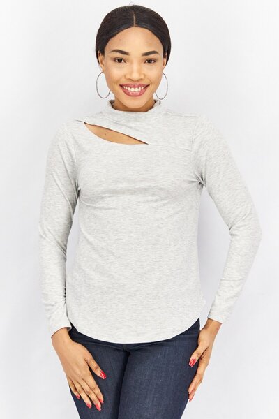 Cupio Women Mock Neck Long Sleeves Plain Top, Grey