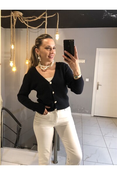 Gözde Tasarım Butik Women's Black Color V-Neck Pearl Buttoned Yumu Soft-Textu...