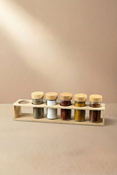 GÖNÜL Bambu Kapaklı 6’lı Yuvarlak Cam Baharatlık Seti, Bambu Standlı Mini Kav...