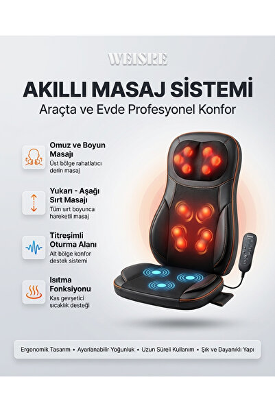 Weisre Isıtmalı Masaj Minderi Ev ve Araç Uyumlu Titreşimli Sırt Boyun Masaj K...
