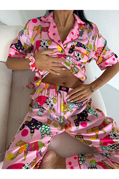 Muah Pink Leopard Kadın Saten Pijama Takımı Leopar Desenli Kısa Kollu Pembe