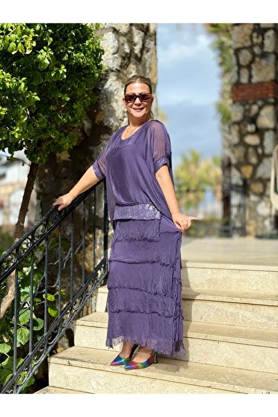 Punta Otantik NC7266 فستان إيطالي مزين بالترتر والكشكشة باللون الأرجواني حرير...