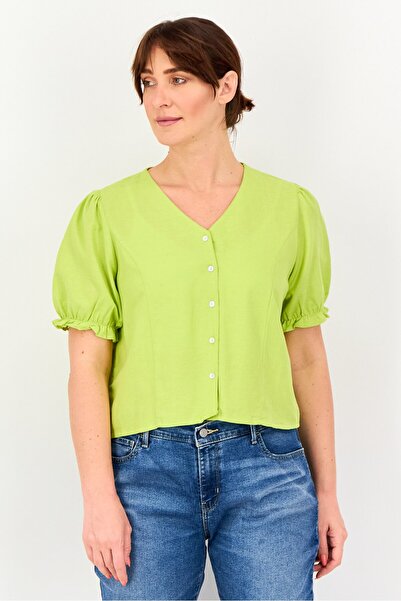 JDY Women V Neck Short Sleeve Solid Blouse, Green