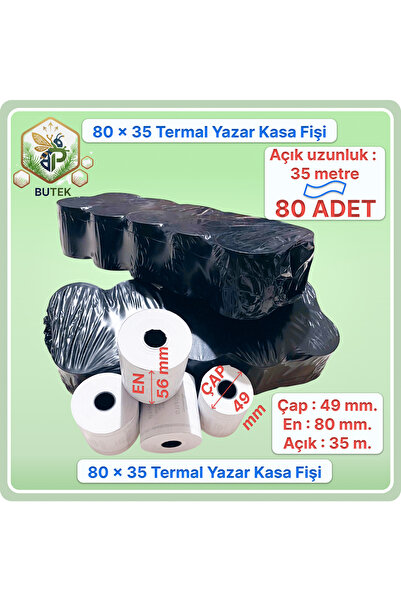 80x35; 80 Adet Rulo; Termal Yazar Kasa Pos Rulosu, Yazar Kasa Fişi