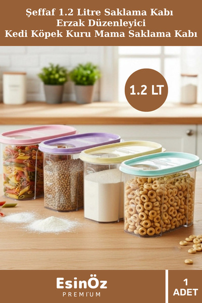 EsinÖz #SaklamaKabı Şeffaf 1.2 Litre Gıda Kedi Köpek Mama Kutusu Kapaklı Mutf...