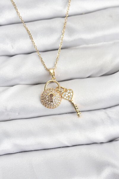 Clariss 316L Çelik Zincir Gold Renk Kilit Anahtar Model Zirkon Taşlı Kadın Kolye