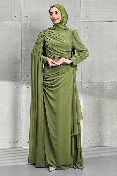 İmajButik Khaki Cape Detailed Chiffon Evening Dress with Rose Detail