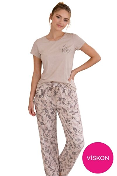 seamlife Women's Patterned Buttonless Crew Neck Short Sleeve Pajama Set- Slim...
