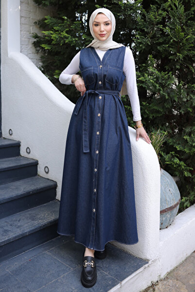 İmajButik Dark Blue Buttoned Pocketed Denim Gilet