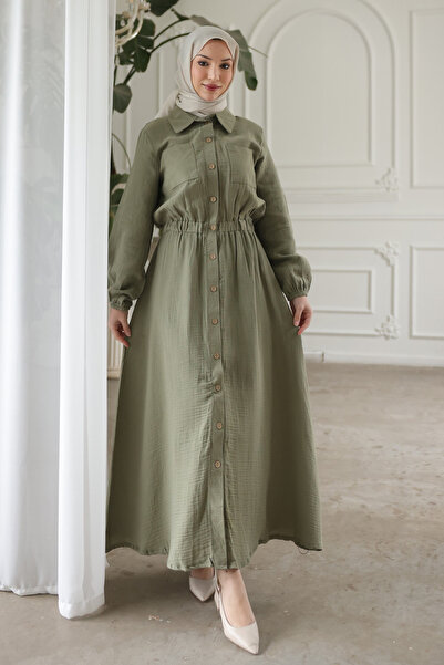 İmajButik Khaki Buttoned Double Pocketed Dress with Elastic Sleeves and Waist