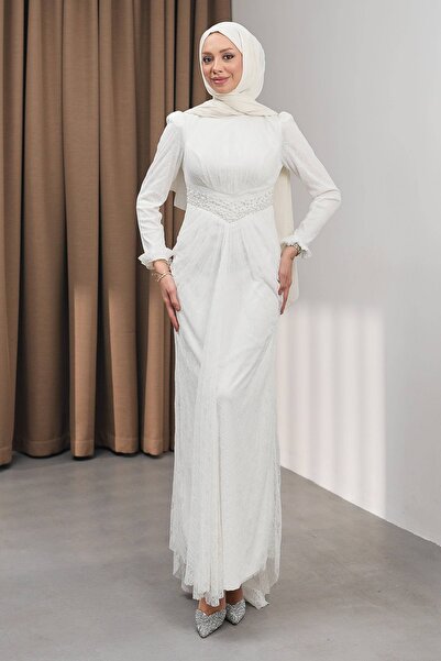 İmajButik Ecru Waist Detailed Fish Model Guipure Lace Evening Dress