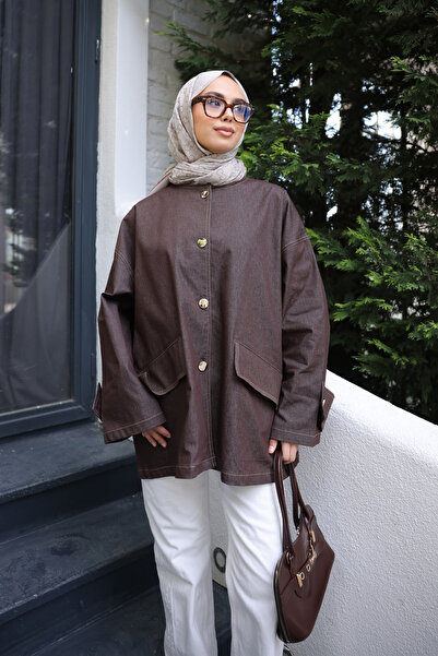 İmajButik Brown Pocketed Button Oversized Jacket