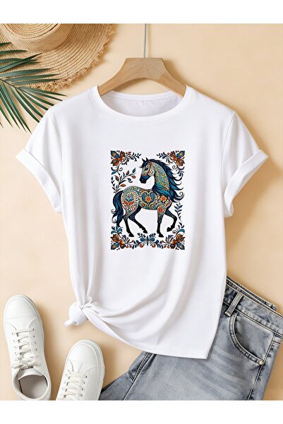 mercoledi At cu imprimeu guler rotund pentru femei, mărime normală supradimen...