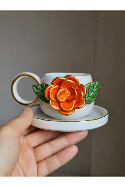 KOTYORA Orange Single Rose Gift Handmade Ceramic Turkish Coffee Cup