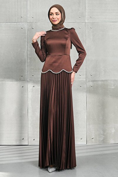 İmajButik Brown Waist Stone Detailed Skirt Pleated Satin Evening Dress