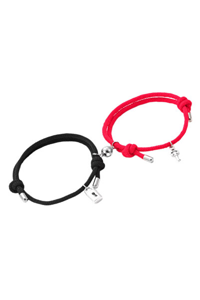 EFAYN.RO Set bratari cuplu cu magnet, lacat si cheita, tip sfoara, rosu cu ne...
