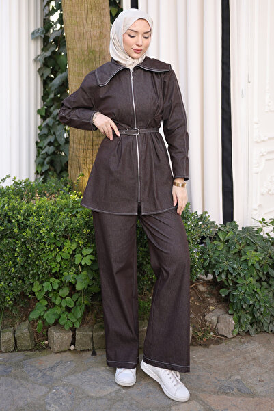 İmajButik Brown Zippered Jacket and Trousers Set of Belt