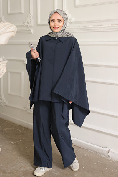 İmajButik Set poncho cu pantaloni, albastru marin, cu nasturi