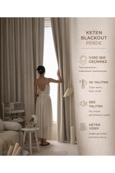 Fluiana Bej Keten Blackout Fon Perde|%100 Karartma Güneş Geçirmez Keten Fon P...