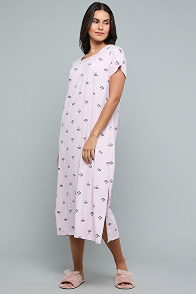 R&B Floral Print Nightdress with V-Neck and Short Sleeves