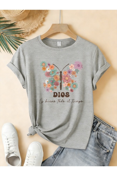 mercoledi Women's Flower Butterfly Printed Crew Neck Regular Fit Oversized T-...