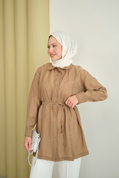 LOCCO Kadın Çima Detay Bel Bağlamalı Gömlek Vizon