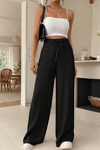 Modayakamoz New Season Women's High Waist Front Tie-Detail Wide Cut Linen Pants