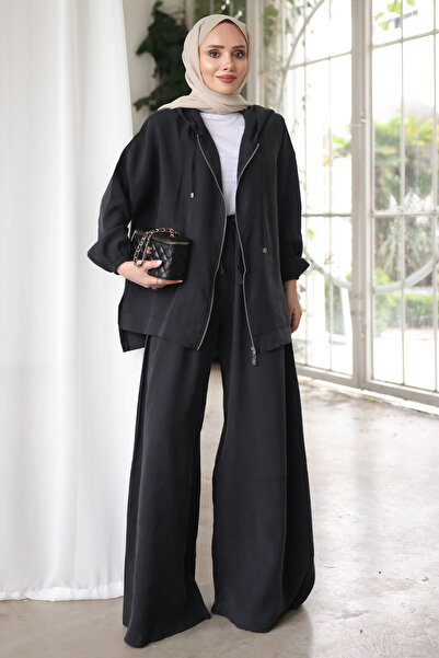 İmajButik Black Hooded Wide-Leg Jacket and Pants Set