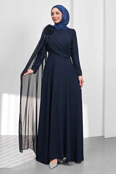 İmajButik Navy Blue Floral Detailed Belt Piece Evening Dress