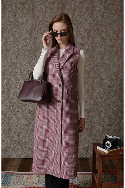 Fatma Atasoy Ekose Kazayağı Bordo Maksi Yelek