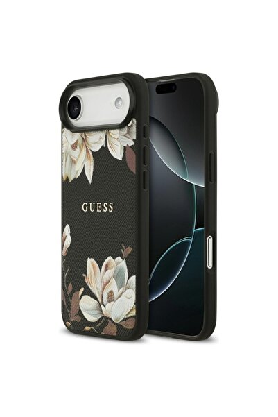 Guess Case for iPhone 17 Air, Grained Flowers MagSafe, Black