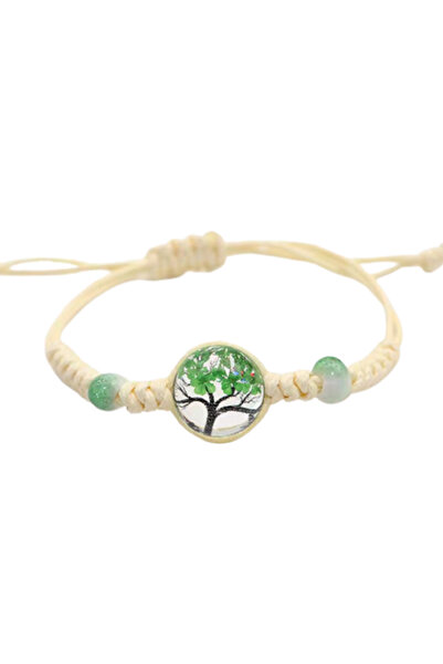 EFAYN.RO Bracelet with round tree of life pendant, cream cord, green accessor...