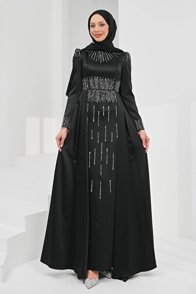 İmajButik Black Satin Evening Dress with Stones on the Front