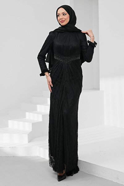 İmajButik Black Waist Detailed Fish Model Guipure Lace Evening Dress