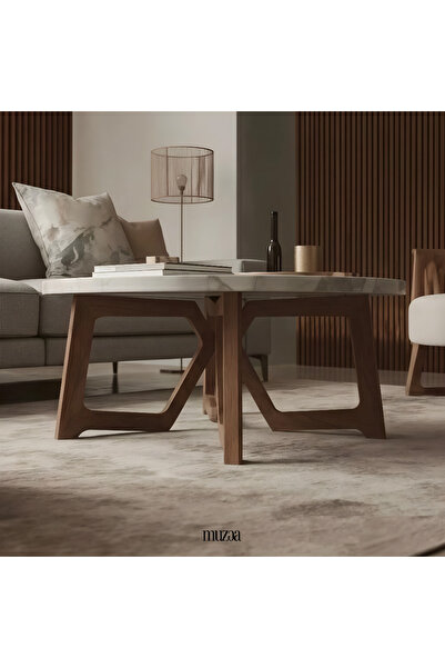 Grand CNS Group ROUND Doğal Mermer Orta Sehpa, Ahşap Ayaklı, Tasarım Sehpa