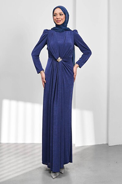 İmajButik Cobalt Blue Evening Dress with Draped Front Buckled