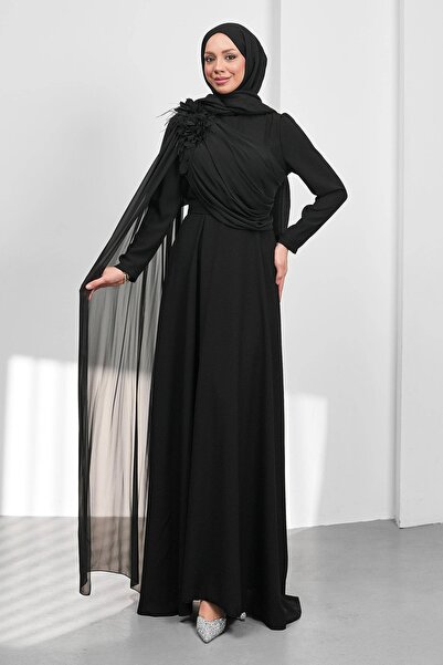 İmajButik Black Floral Detailed Evening Dress Set of Belt