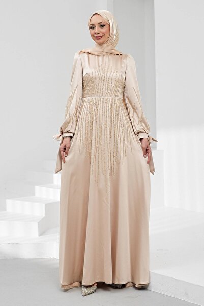 İmajButik Rochie de seară din satin cu pietre, mânecă bej cu detaliu cu șnur