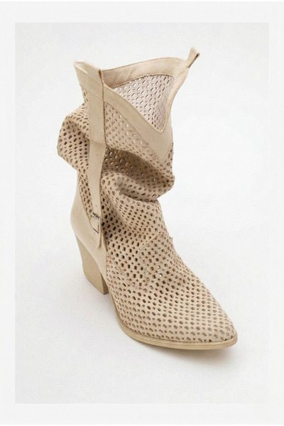 BonuStep Kum Rengi Körüklü Kadın Kalın Topuklu Yazlık Çizme