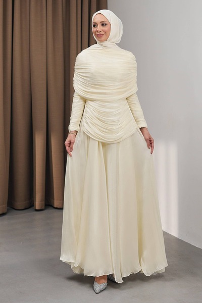 İmajButik Κρεμ Βραδινό Φόρεμα ντραπέ με Κινητό Μανδύα